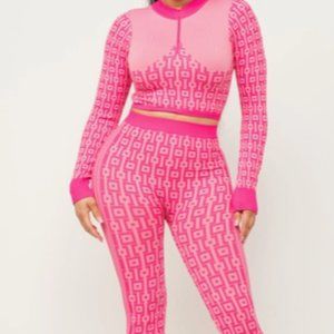 Pink Long Sleeve Crop Half Zip Legging Set